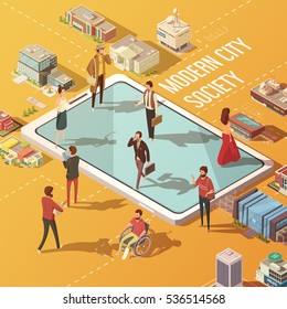 Modern City Society Concept With People Communicating Via Internet Isometric Vector Illustration
