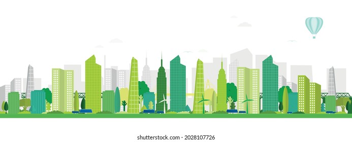 Ciudad moderna con paneles solares. Afiche vectorial con vistas panorámicas a la ciudad. Ciudad verde con rascacielos.
