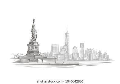 Modern city and statue silhouette illustration. Vector. 