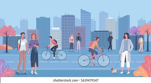 Modern city street filled with different people flat vector illustration