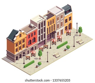 Modern city street isometric view with 5 colorful terraced houses lanterns benches outdoor bistro tables vector illustration