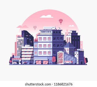 Modern city street landscape with skyscrapers, office buildings and transport. Urban cityscape with business center district in flat design. Abstract metropolis skyline banner for real estate agency.