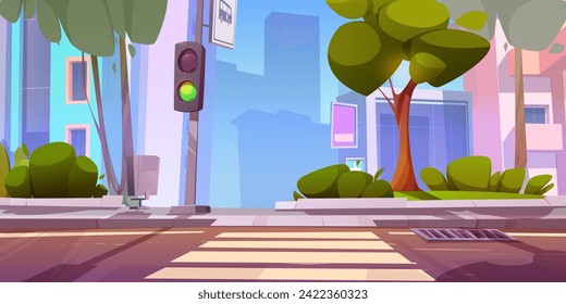 Modern city street with pedestrian crossing. Vector cartoon illustration of urban neighborhood with skyscrapers, traffic light and bus stop sign on empty road, green bushes and trees, blue summer sky