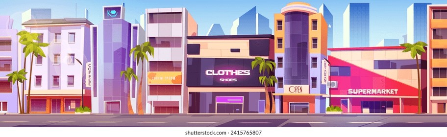 Modern city street with shops and road. Vector cartoon illustration of cityscape buildings, supermarket, restaurant, hotel facade, palm trees along roadside, skyscraper silhouettes, blue morning sky