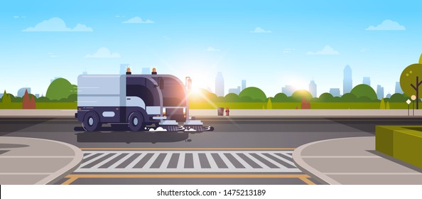 modern city street sweeper truck washing asphalt on crossroad industrial vehicle cleaning machine urban road service concept cityscape sunset background flat horizontal