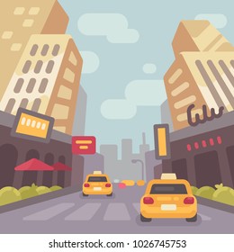 Modern City Street With Taxi Cars And Skyscrapers Low Perspective View. Vintage Travel Poster Flat Illustration