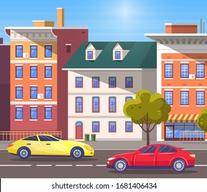 Modern city street with traffic on road. Cityscape with buildings and cars riding along constructions. Traveling on vacation using vehicle to move around city. Town skyline vector in flat style