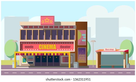 Modern city street with two way road, movie theater or cinema hall building with posters on signboard, empty bus stop flat vector. Cinema industry, entertainment business, city architecture element