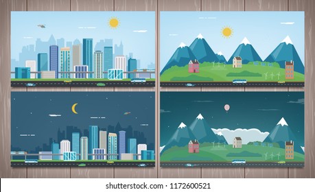 Modern city with suburban landscape. Building and architecture set. Modern city and suburb. Vector illustration