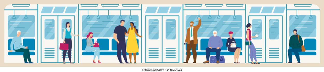 Modern City Subway System, Metro Passengers Flat Vector Concept with People with Baggage Standing, Sitting on Seats of Rapid System Train, Moving in Metropolis in Subway Underground Line Illustration