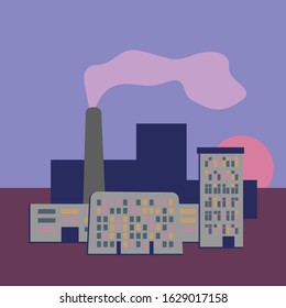 Modern city sunset landscape. Technology concept vector design. Environment pollution. Evening sky. Skyline with a smoking plant chimney at dusk.