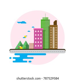 modern city with tall houses and skyscrapers on with road vector