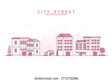 Modern City with thin line design style illustration. Trendy with pink and Red colored facades of  different Buildings, houses etc.