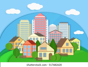 Modern city town cardboard landscape. Paper color style urban city vector illustration