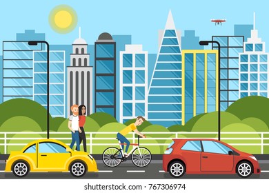 Modern city town cardboard landscape. people, cars against the background of skyscrapers