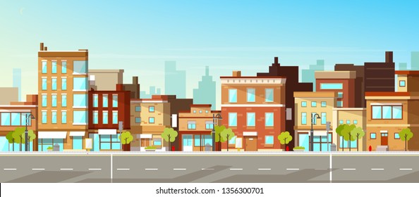 Modern City, Town Street Flat Vector With Low-rise Houses, Commercial, Public Buildings In Various Architecture Styles, Sidewalk With City Lights And Road Illustration. Metropolis Outskirt Background