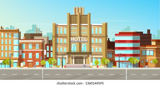 Modern city, town street flat vector with low-rise houses, commercial, public buildings in various architecture styles, sidewalk with city lights and road illustration. Metropolis outskirt background