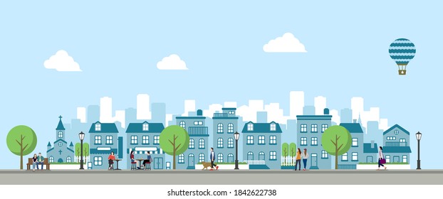 Modern city / town street flat vector illustration (People in daily life)