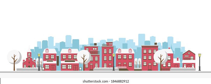 Modern city / town street flat vector illustration (winter season)