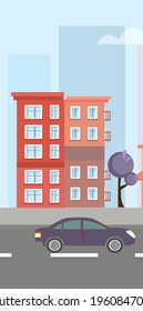 Modern city, town street flat vector with low-rise houses, commercial, public buildings in various architecture styles, sidewalk with city lights and road illustration.