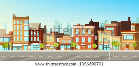 Modern city, town street flat vector with low-rise houses, commercial, public buildings in various architecture styles, sidewalk with city lights and road illustration. Metropolis outskirt background