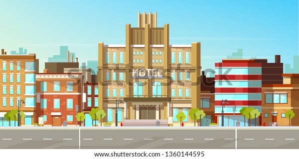 Modern city, town street flat vector with\
low-rise houses, commercial, public buildings in various\
architecture styles, sidewalk with city lights and road\
illustration. Metropolis outskirt\
background