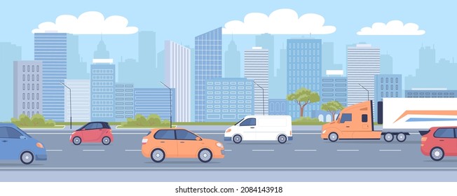 Modern city traffic road vector illustration. Different transport and cityscape with skyscrapers 