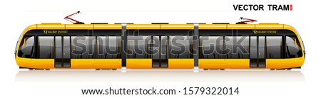The modern city tram is yellow. Side view. Eco-friendly electric transport. Way to work and home
