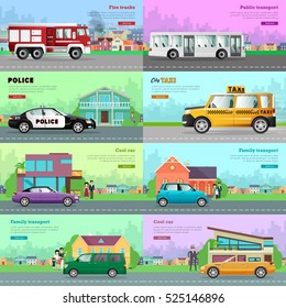 Modern city transport banners. Family transport, cool car, city taxi, police, public transport, fire truck flat vector concepts set with fire engine, bus, minivan, compact car, cabriolet, town houses