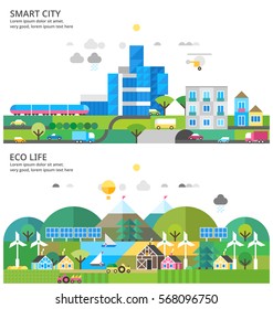 Modern city. Transport connection. Environmental city. Rural life. Renewable energy. Rural landscape. Ecosystem.