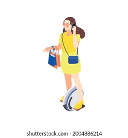 Modern city transport icon with woman riding monowheel and talking on phone isometric vector illustration