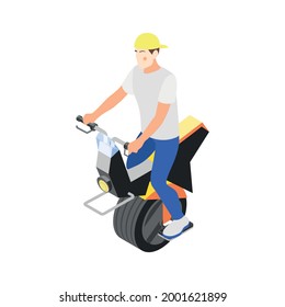 Modern city transport isometric icon with man in helmet riding monocycle 3d vector illustration