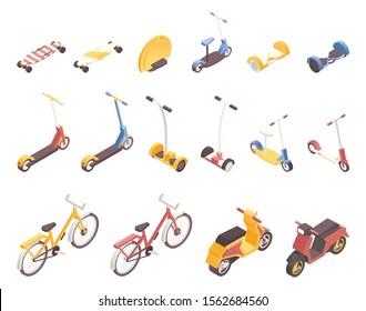 Modern city transport isometric illustrations set. Contemporary vehicles, urban travel means design elements pack. Bicycles, scooters, self balancing boards, monowheel, skateboards and gyroscooters