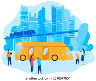 Modern city transport subway and electrobus, cityscape, renewable energy, ecosystem in smart city cartoon vector illustration. Ecological transportation, ecology friendly city transport concept.