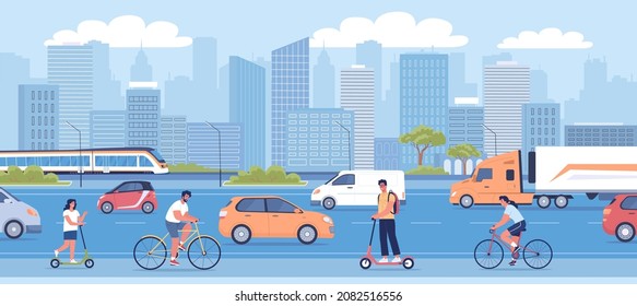 Sistema de transporte urbano moderno e ilustración vectorial ciudadana. Diseño de paisajes urbanos coloridos