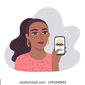  Modern city transportation concept. African-American woman ordering taxi or car service on smartphone. Mobile App Solution for urban transport.  Flat vector illustration.