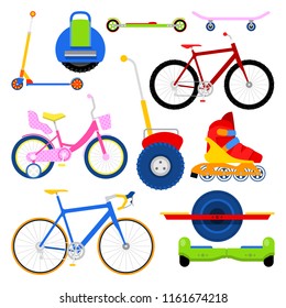 Modern City Transportation Set with Bikes and Roller Skates. Vector illustration