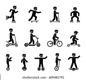 Modern city transportation. Set of pictograms representing people riding various types of bicycles, rollers, skates and modern electrical vehicles.