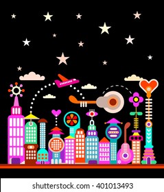 Modern city under starry sky vector illustration. Futuristic city skyline. 