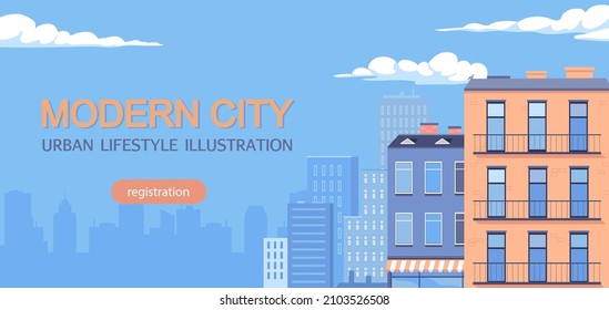 Modern city urban cityscape vector banner illustration. Blue color web banner template