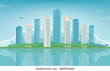 Modern city. Urban landscape. Buildings and architecture. Cityscape town. Vector illustration