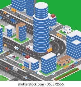 modern city and various vehicles, building and overhead roads, vector illustration