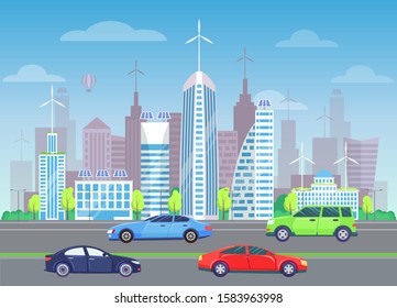 Modern city vector, contemporary look of cityscape. Trees and plans bushes along roads, cars and transports on streets. Solar batteries and skyscrapers
