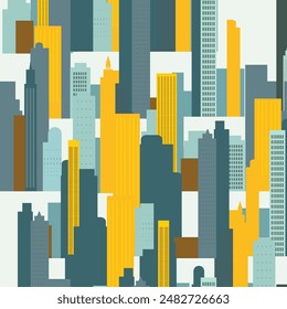 A modern city vector. A vibrant seamless pattern featuring colorful yellow and blue-green buildings on a white background. The bold colors and geometric shapes create a flat minimalistic design
