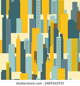 Un Vector moderno de la ciudad. Un patrón vibrante sin fisuras con edificios coloridos de color amarillo y verde azulado sobre un fondo blanco. Los colores llamativos y las Formas geométricas crean un diseño minimalista plano