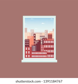 Modern city view from apartment window, urban architecture design in rectangle frame, cartoon cityscape with many buildings in sunny day, vector illustration