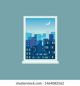 Modern city view at night seen from window. Cityscape with moon and stars with many layers of cartoon buildings in white rectangle frame with no glass, vector illustration.
