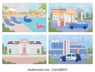 Modern city view and poolside flat color vector illustrations set. Scenes. Fully editable 2D simple cartoon landscapes with buildings on background pack. Bebas Neue, Akrobat fonts used