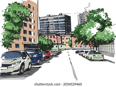 A modern city view from quiet street with trees and apartment houses to a modern office building - hand drawn sketch