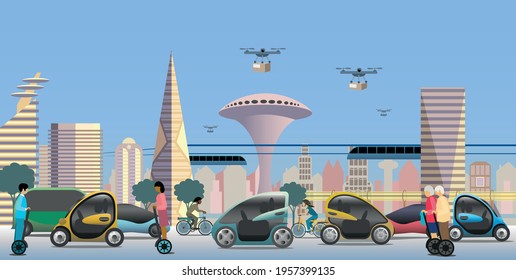 Modern city view. Renewable electrified city transports. Vehicles, autonomous public transport. Drones for light deliveries. Vector Illustration. 